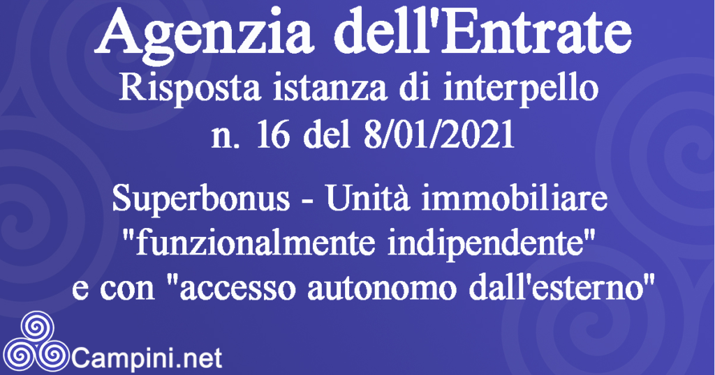 Agenzia dell'Entrate Risposte alle istanze di interpello n. 16 del 8/01/2021