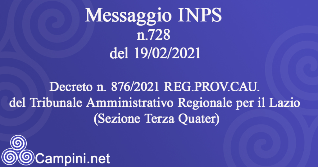 Messaggio INPS n.728 del 19/02/2021